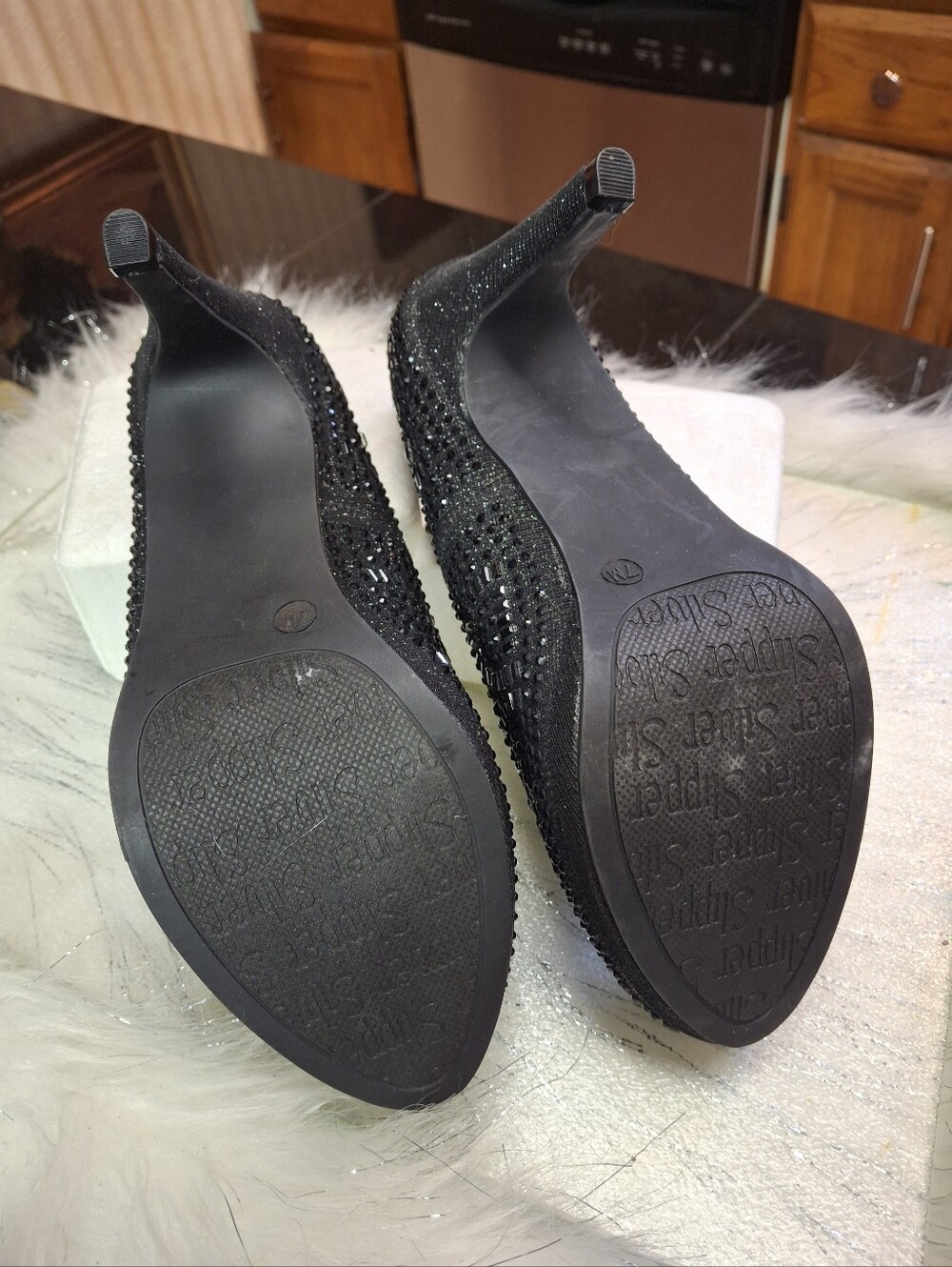 Silver Slipper Black Embellished Rhinestone Pumps Dress Heels Women Size 6 - Picture 11 of 16